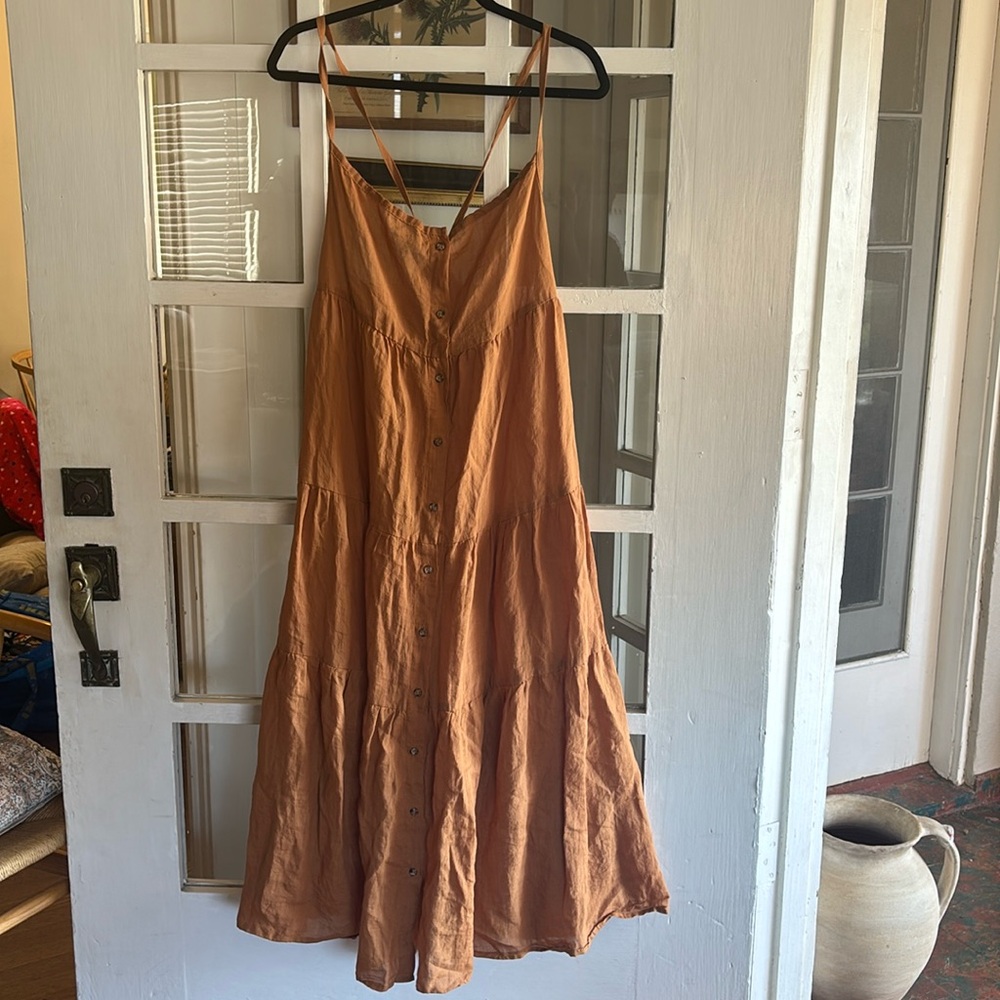 Women’s 100% Ramie ANEMONE V Neck Open Back Full Button Down Maxi Dress M Orange